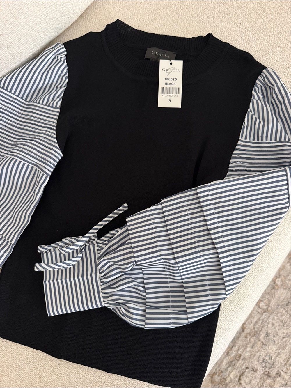 Gracia Black Knit Top with Blue-White Striped Puff Sleeves
